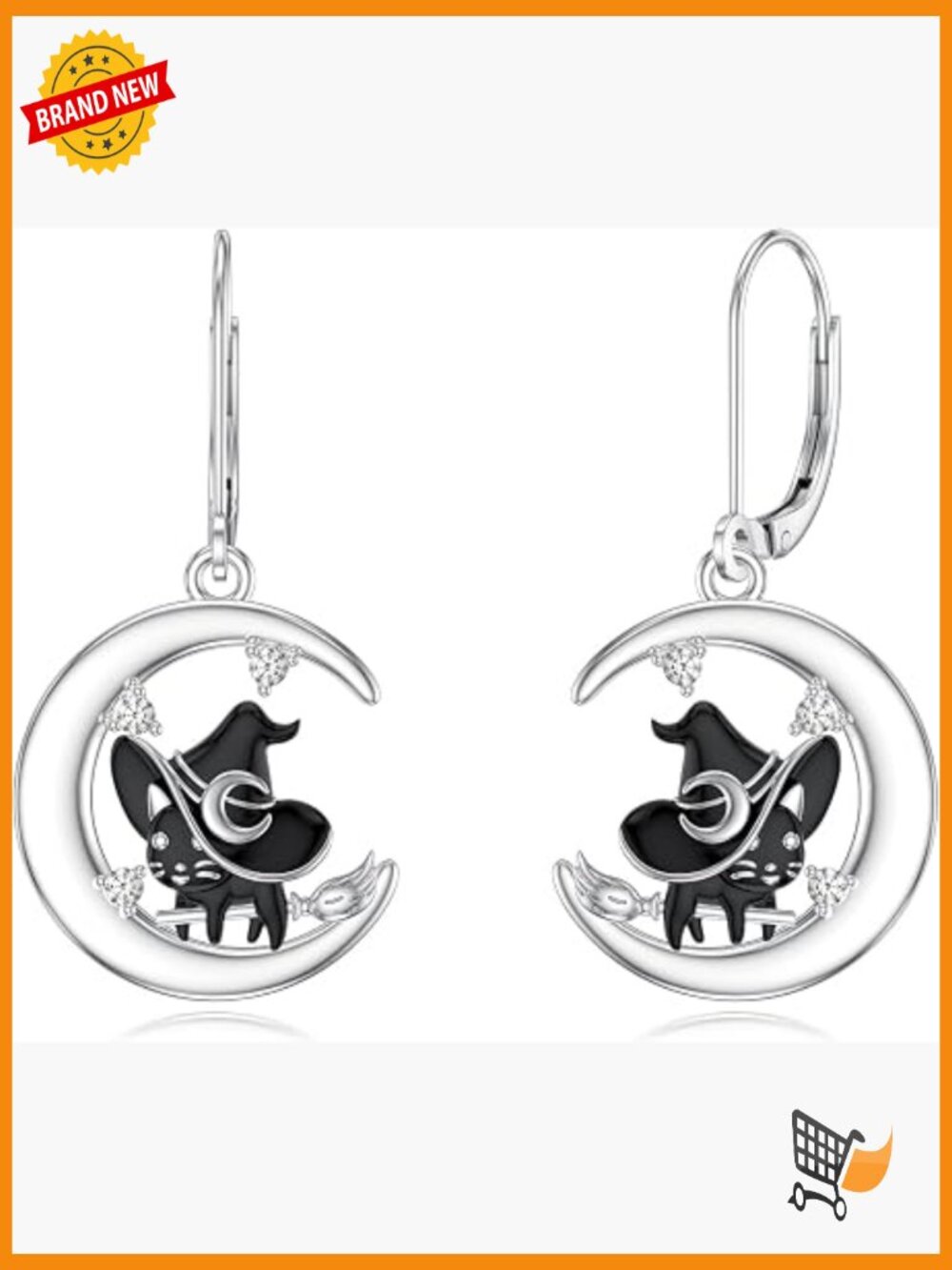 Gothic Black Cat Crescent Moon Dangle Drop Lever Back Earrings Sterling Silver